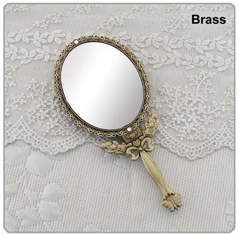 Butterfly Designed Double Sided Magnification Hand Held Makeup Metal Mirror Folding Handle Stand Travel Mirror (Large, Brass) Large