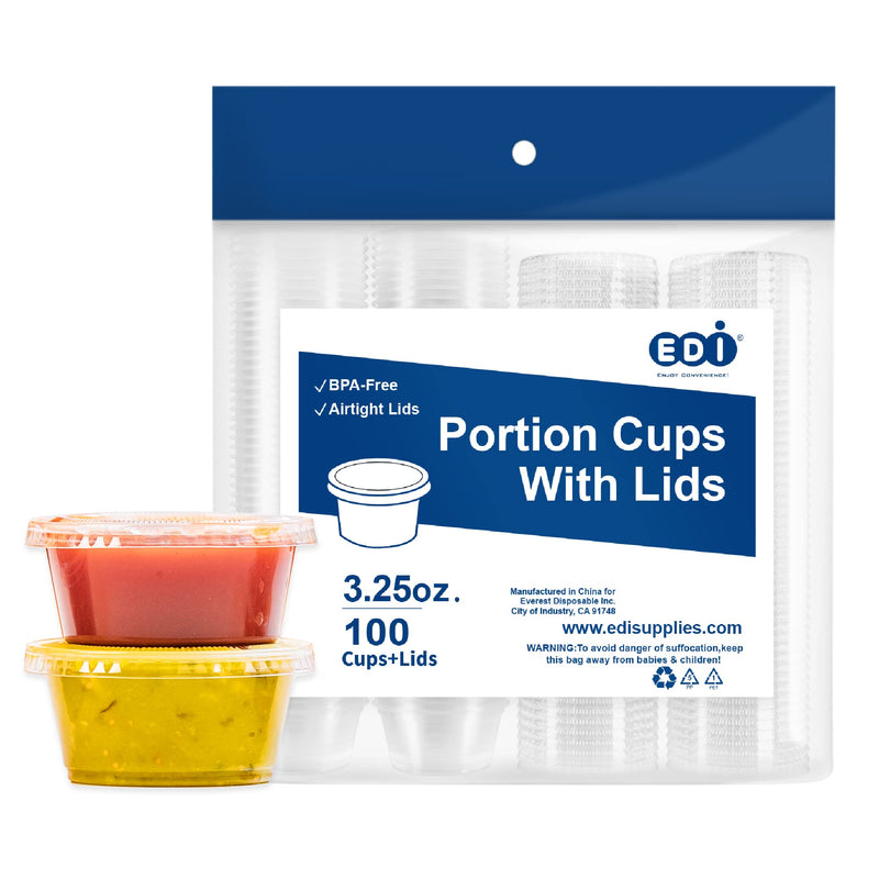 [3.25 OZ, 100 Sets] EDI Clear Disposable Plastic Portion Cups with Leakproof Lids | Jello Shot Cups | Condiment and Dipping Sauce Cups | Souffle Cups | BPA Free | Recyclable