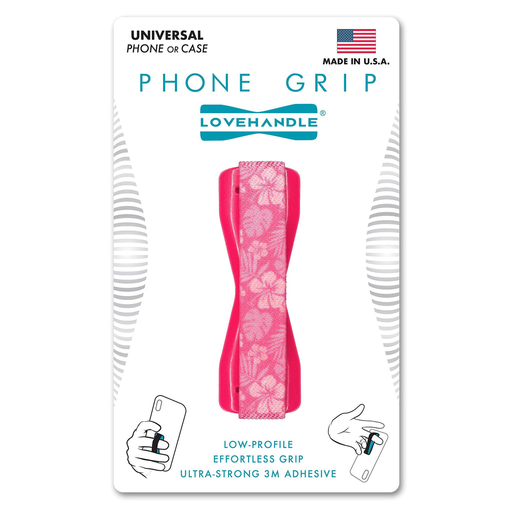 LOVEHANDLE Phone Grip for Most Smartphones and Mini Tablets, Pink Aloha Design Colored Elastic Strap with Pink Base, LH-01-Aloha