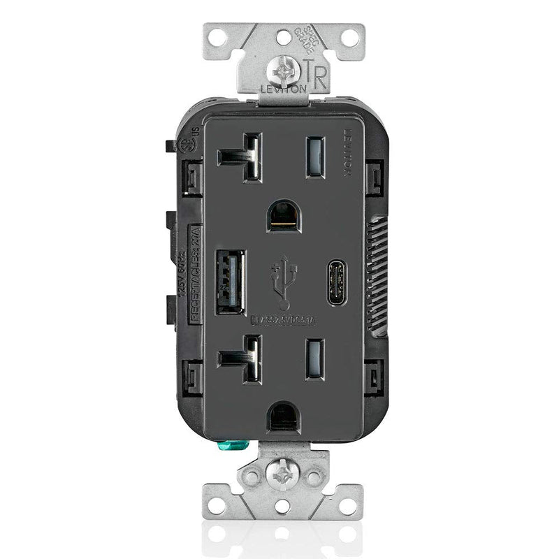 Leviton T5833-E 20-Amp Type-C USB Charger/Tamper Resistant Receptacle, Black