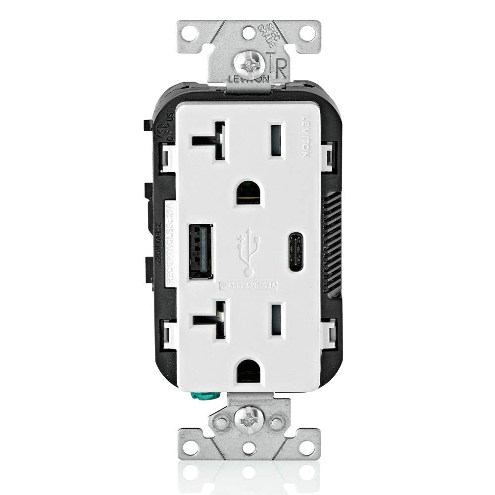 Leviton T5833-W 20-Amp Type-C USB Charger/Tamper Resistant Receptacle, White Tamper Resistant