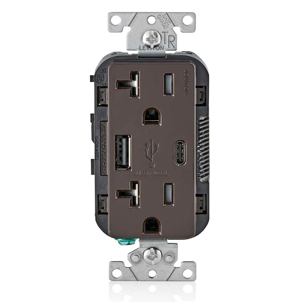 Leviton T5833-B 20-Amp Type-C USB Charger/Tamper Resistant Receptacle, Brown