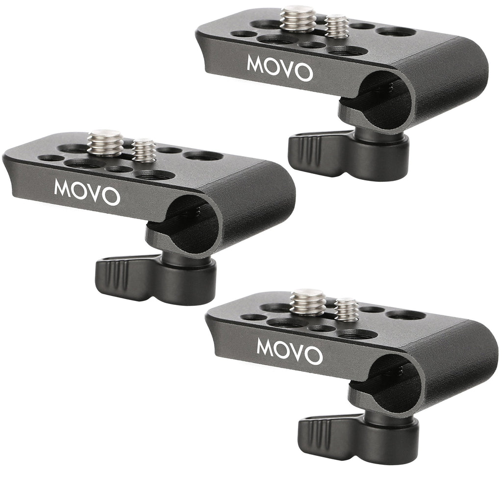 Movo CAB1000 15mm Modular Rod Clamp Adapter - Mounts Cameras, Monitors, Recorders to Rigs with Multiple .25" and .375" Male, Female Mounting Threads (3 Pack)