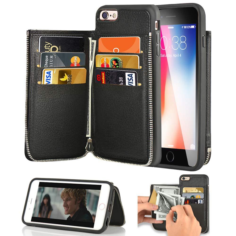 iPhone 6S Plus Wallet Case, iPhone 6 Plus Card Holder Case, LAMEEKU Leather Case with Credit Card Slot Zipper Pocket Shockproof TPU Bumper Phone Cover Compatible with iPhone 6S Plus/6 Plus 5.5" Black