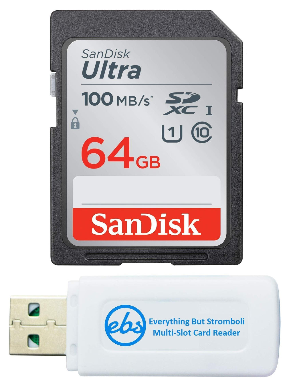 SanDisk 64GB Ultra SD Memory Card for Nikon Coolpix L340, B500, A10, L32, S7000, A300, P900, Camera UHS-I Class 10 (SDSDUNR-064G-GN6IN) Bundle with Everything But Stromboli Memory Card Reader