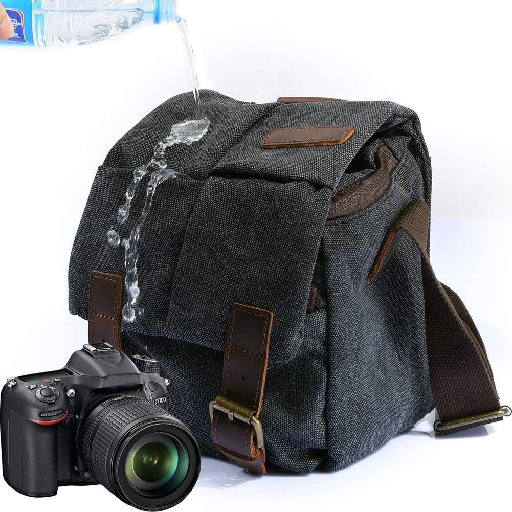 Waterproof Camera Bag/Case, Vintage Canvase Leather Trim DSLR SLR Camera Shoulder Messenger Sling Bag for for Nikon, Canon, Sony, Pentax, Olympus Panasonic, Samsung & Many More Dark Grey