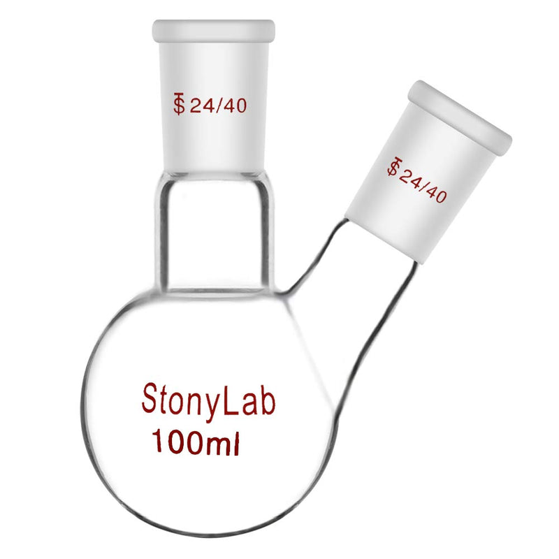 StonyLab Glass 100ml Heavy Wall 2 Neck Round Bottom Flask RBF, with 24/40 Center and Side Standard Taper Outer Joint - 100ml 100 ml