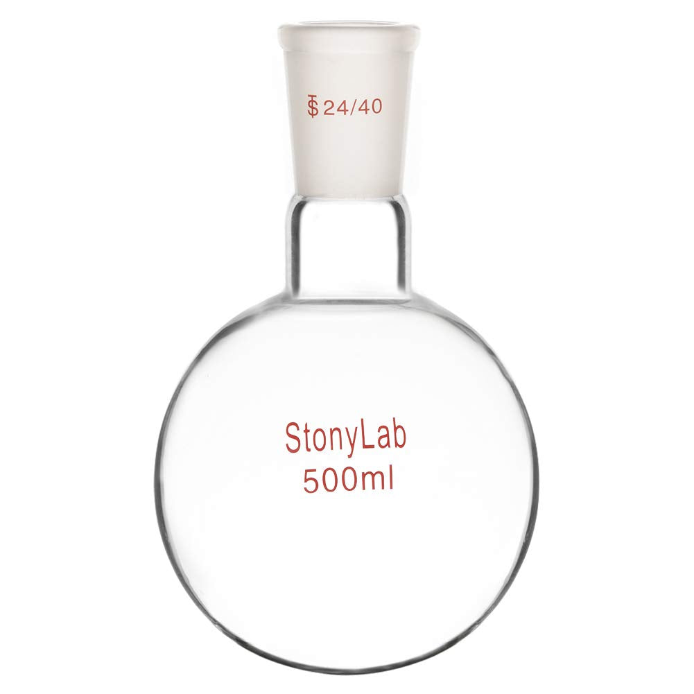 StonyLab Glass 500ml Heavy Wall Single Neck 1 Neck Round Bottom Flask RBF, with 24/40 Standard Taper Outer Joint – 500ml 500 ml