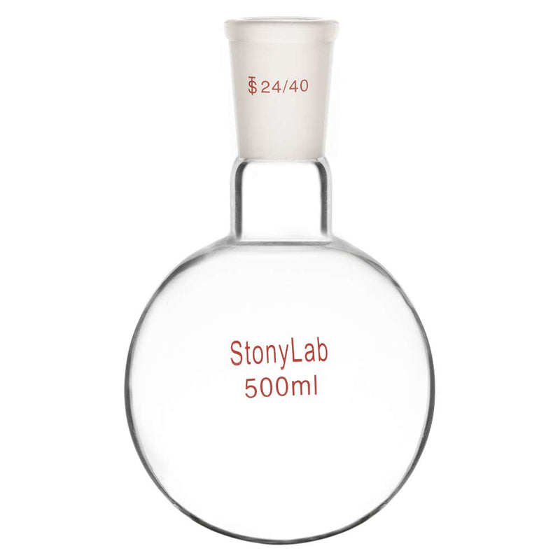 StonyLab Glass 500ml Heavy Wall Single Neck 1 Neck Round Bottom Flask RBF, with 24/40 Standard Taper Outer Joint – 500ml 500 ml