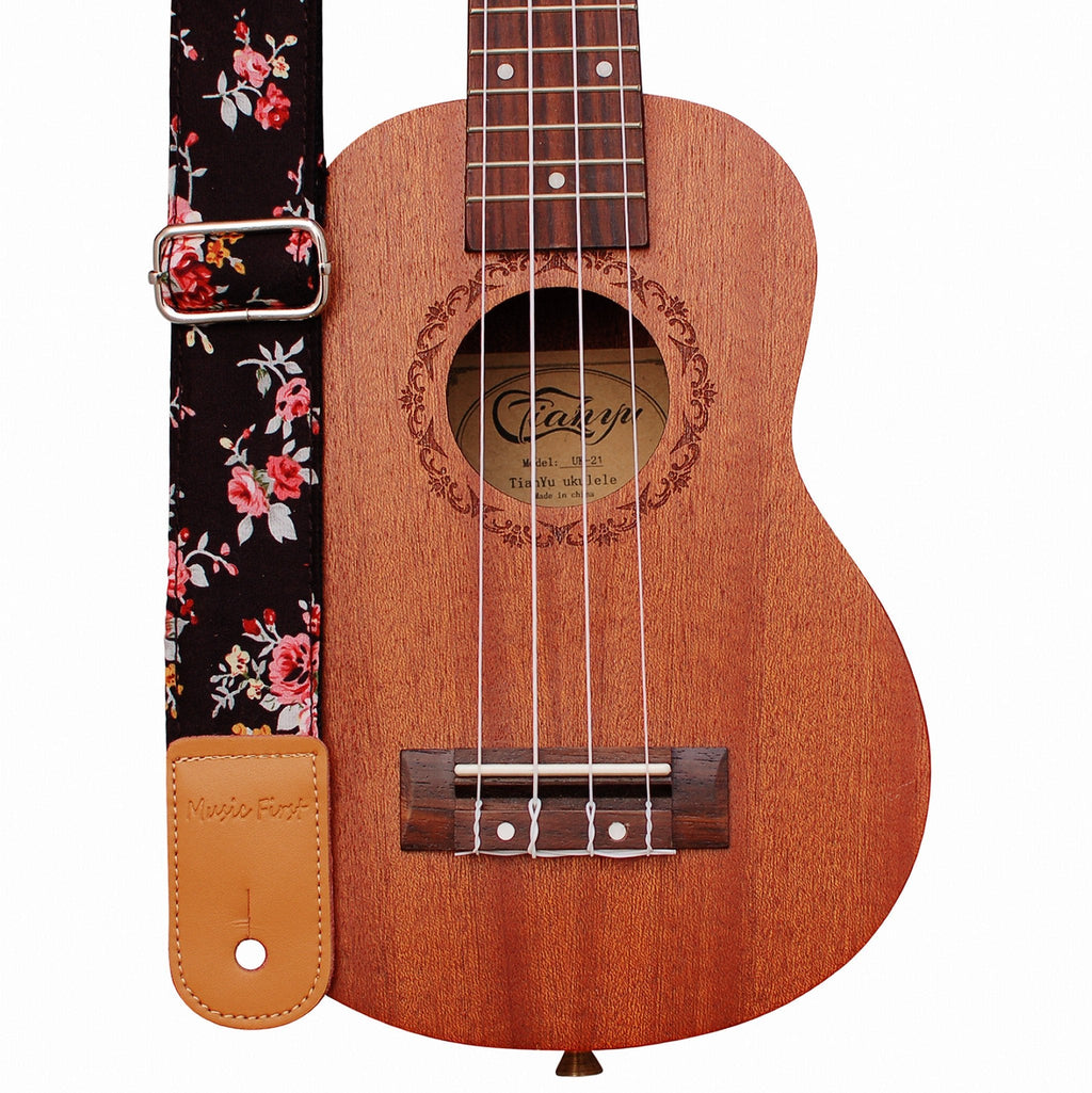 MUSIC FIRST Original Design “Rosa Multiflora in Black” Soft Cotton & Genuine Leather Ukulele Strap Ukulele Shoulder Strap