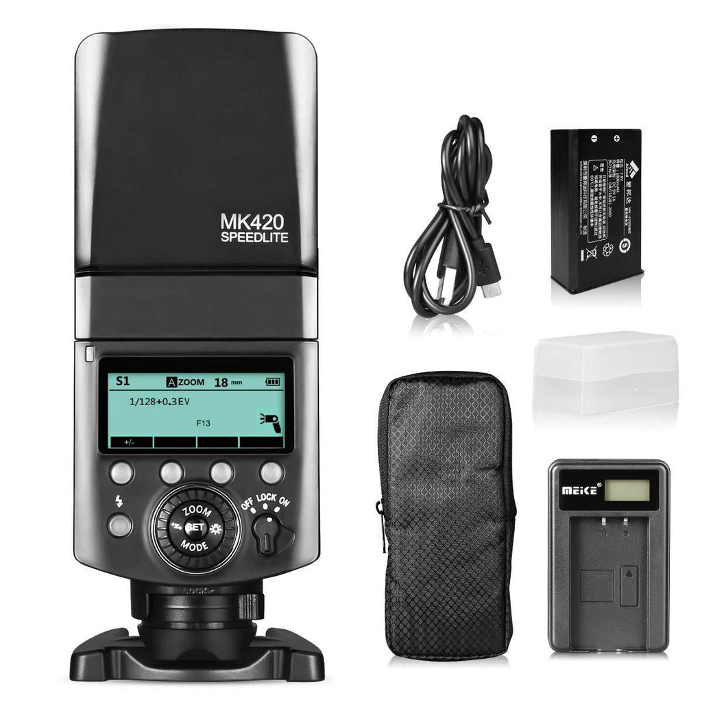 Meike MK420N TTL Li-ion Battery Camera Flash Speedlite with LCD Display Compatible with Nikon D850 D810 D3400 D3300 Z6 Z7 and Other DSLR Cameras + Lithium Battery +Diffuser+Battery Charger