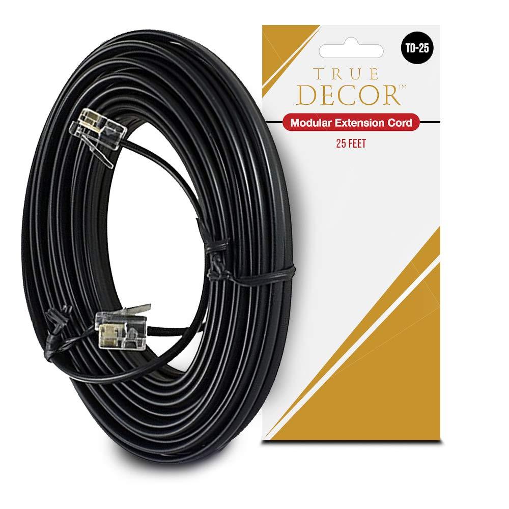 25 Feet Black Phone Telephone Extension Cord Cable Wire with Standard RJ-11 Plugs by True Decor