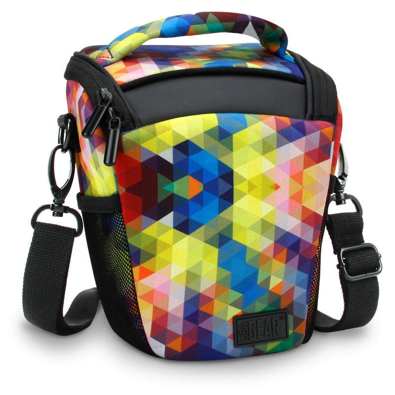 USA Gear Small SLR Camera Case Bag for Men and Women with Top Loading Accessibility, Adjustable Shoulder Sling, Padded Handle - Comfortable, Durable and Light Weight for Nikon, Canon, etc (Geometric) Geometric