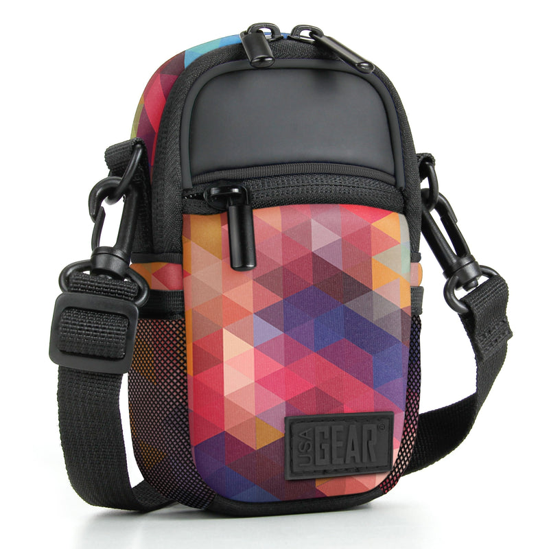 USA GEAR Compact Camera Case Point and Shoot Camera Bag with Accessory Pockets, Rain Cover and Shoulder Strap - Compatible with Sony CyberShot, Canon PowerShot ELPH, Nikon COOLPIX and More (Geometric) Geometric and Black
