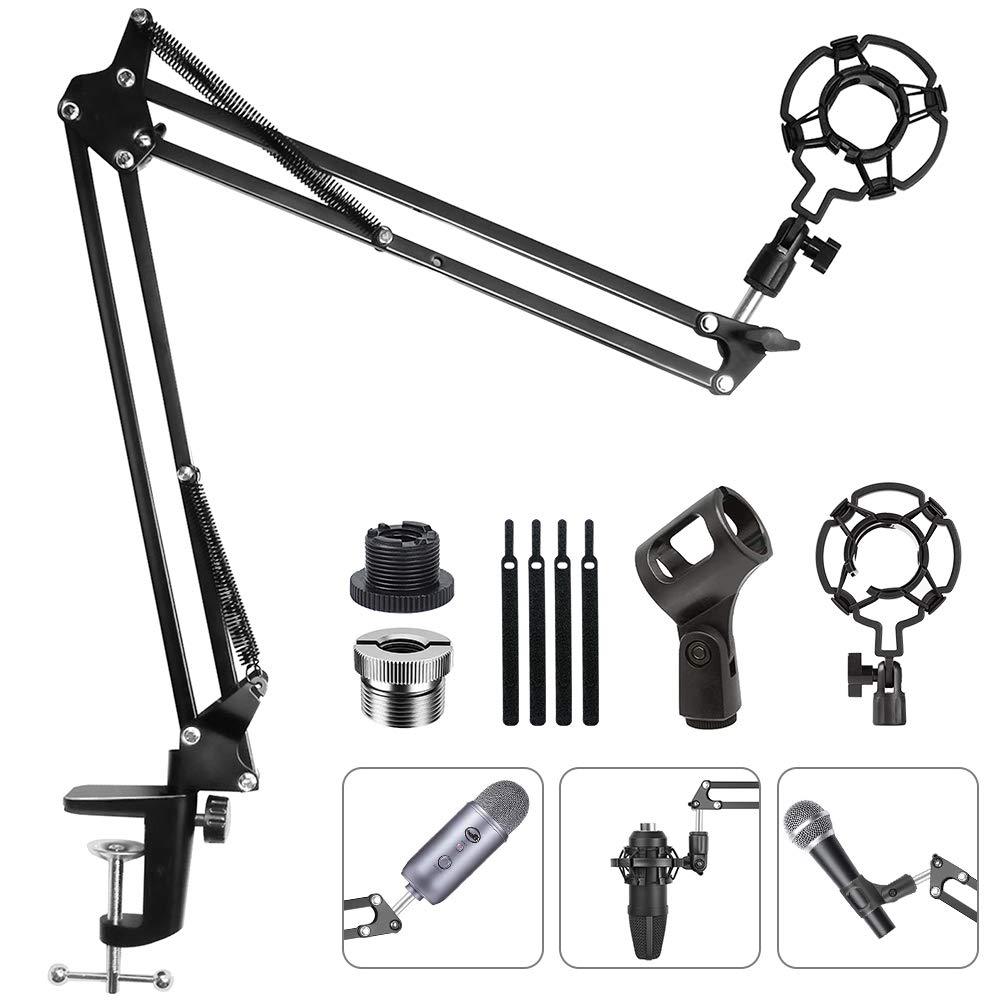 Upgraded Adjustable Microphone Suspension Boom Scissor Arm Stand with Shock Mount Mic Clip Holder 3/8’’ to 5/8’’ Screw Adapter -for Blue Yeti, Snowball & Other Microphones (stand with adapter) stand with adapter