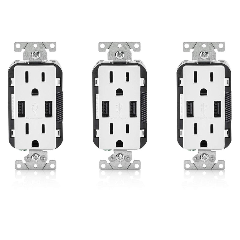 Leviton T5632-3BW 15-Amp USB Charger/Tamper Resistant Duplex Receptacle Pack of 3, White