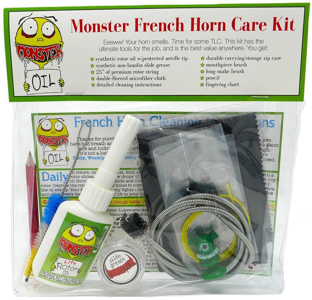 Monster French Horn Care and Cleaning Kit | Rotor Valve Oil w/Easy-To-Use Needle Applicator Tip, Slide Grease, and Cleaning Brushes. Everything You Need to Take Care of Your French Horn