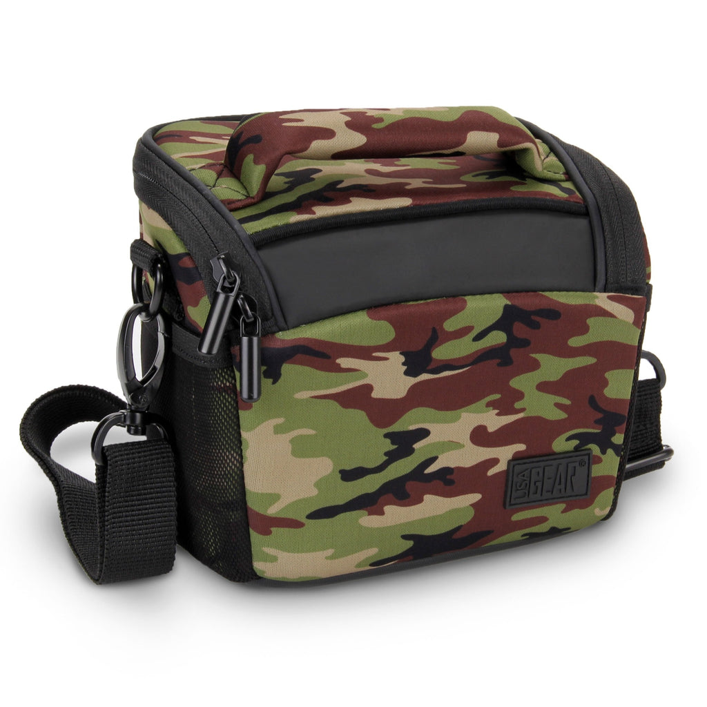 USA GEAR Bridge Camera Bag (Camo Green) with Protective Neoprene Material, Rain Cover and Adjustable Dividers-Compatible with Nikon Coolpix, Canon PowerShot, Sony Cyber-Shot, Panasonic Lumix and More Camo Green
