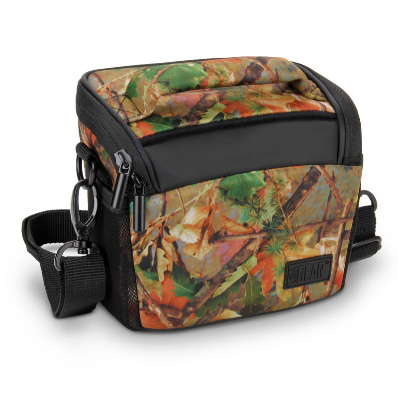 USA GEAR Bridge Camera Bag (Camo Woods) with Protective Neoprene Material, Rain Cover and Adjustable Dividers - Compatible with Nikon Coolpix, Canon PowerShot, Sony CyberShot, Panasonic Lumix and More Camo Woods