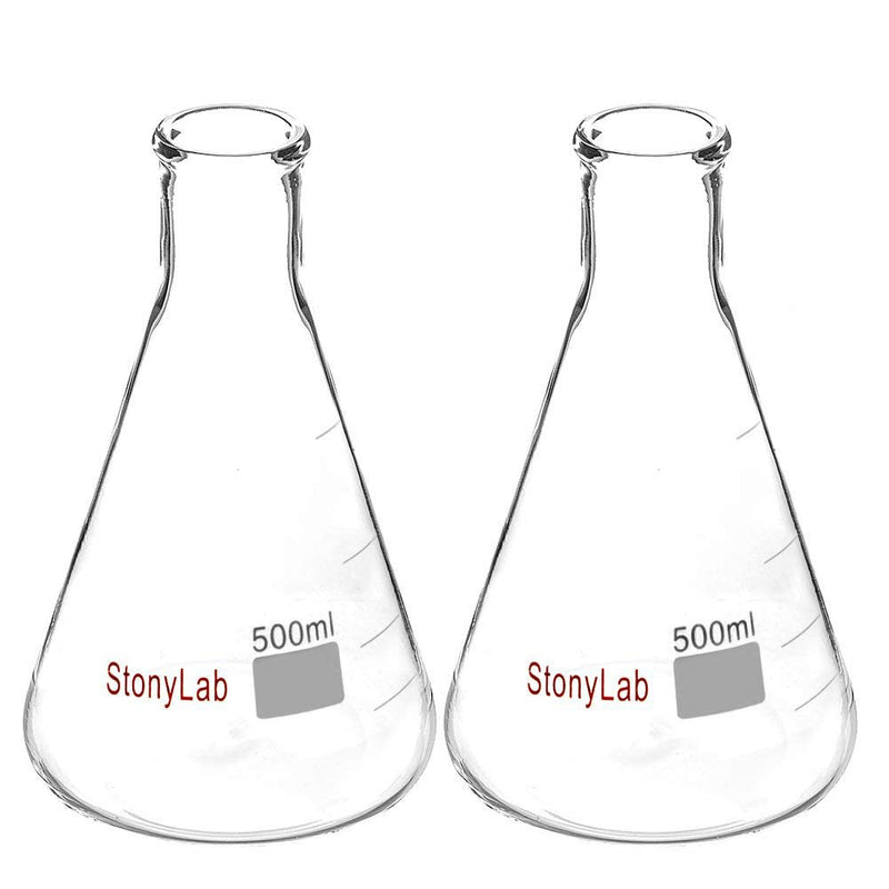 stonylab 2-Pack Glass 500ml Heavy Wall Narrow Mouth Erlenmeyer Flasks with Heavy Duty Rim (500ml Fits with stonylab 7# Rubber Stopper) 500 ml