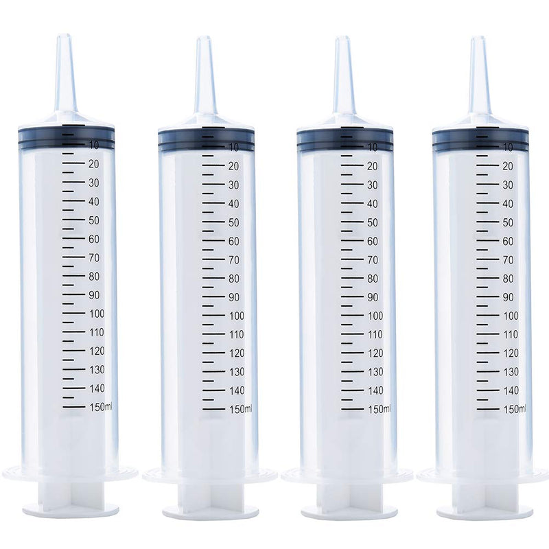 4 Pack 150ml Syringes, Large Plastic Garden Industrial Syringes for Scientific Labs, Measuring, Watering, Refilling, Filtration Multiple Uses