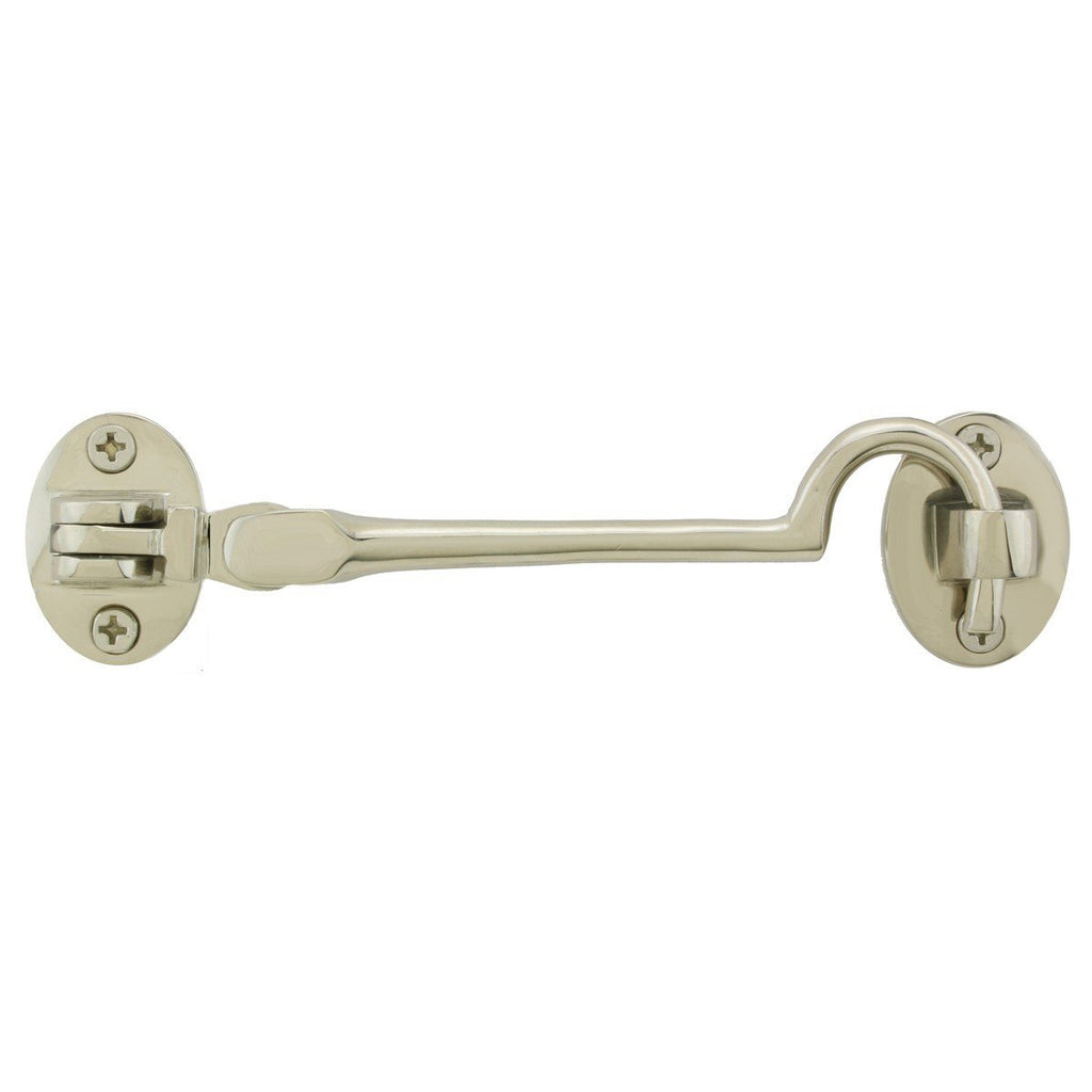 Renovators Supply Nickel Polished Solid Brass Swivel Pivot Style Cabin Eyelet Latches 4 Inches Long Heavy Hardware Lock Hooks for Cabinet Window Kitchen Sliding Or Barn Doors with Mounting Screws Polished Nickel