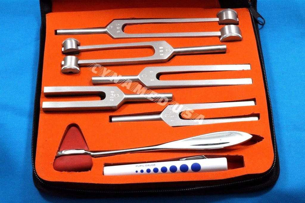 New Premium Grade Tuning Fork Set of 7 C128 C256 C512 C1024 and C2048 Plus Taylor Hammer and Pen Light Complete Diagnostic Set All in One