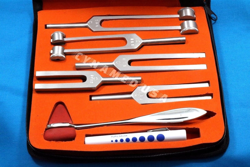 New Premium Grade Tuning Fork Set of 7 C128 C256 C512 C1024 and C2048 Plus Taylor Hammer and Pen Light Complete Diagnostic Set All in One