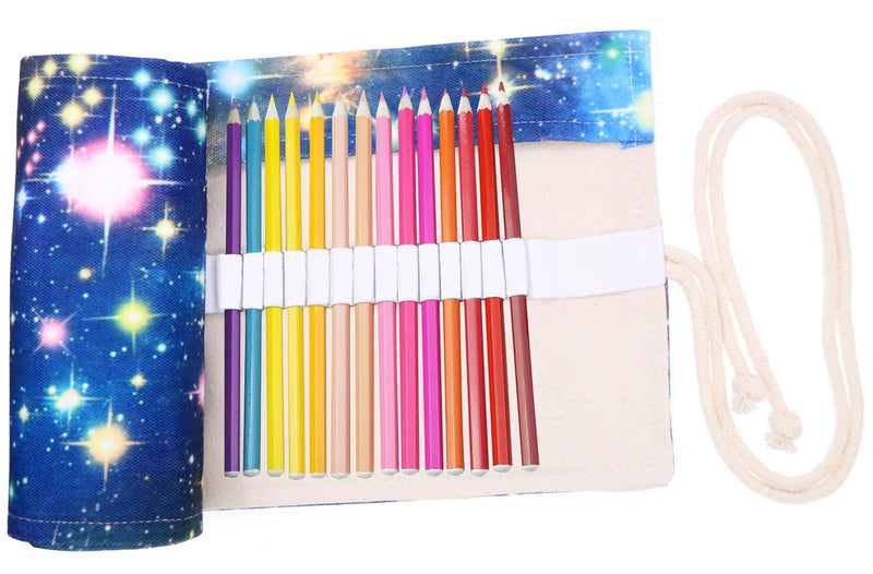 Coideal 36 Slots Canvas Pencil Wrap Roll Up Case Colored Pen Pencil Holder for Kids and Adults, Travel Drawing Coloring Pencils Roll Up Pouch Bag Organizer for Artist (Star Universe)