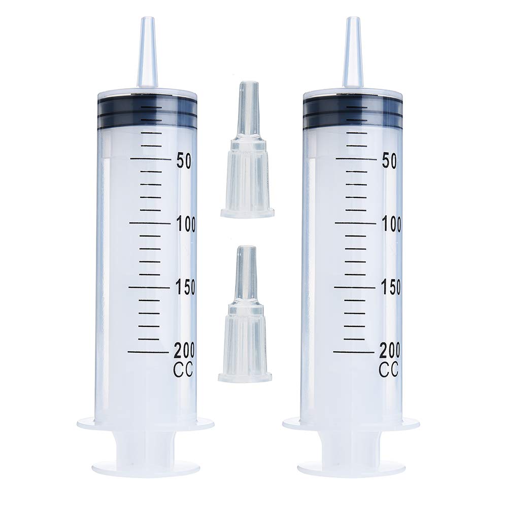 2 Pack 200ml Large Plastic Syringes for Scientific Labs, Liquid Dispensing Metric, and Multiple Uses