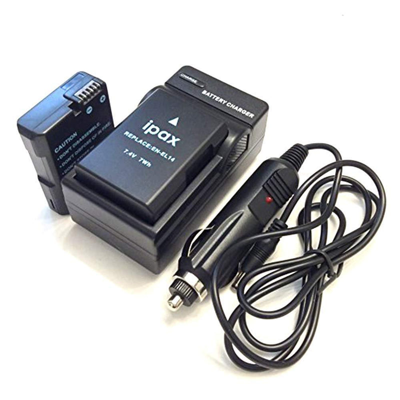 Ipax 2X Battery, Wall Charger, and Car Plug Charging Kit, Replacement EN-EL14 ENEL14 EN-EL14a ENEL14a Battery