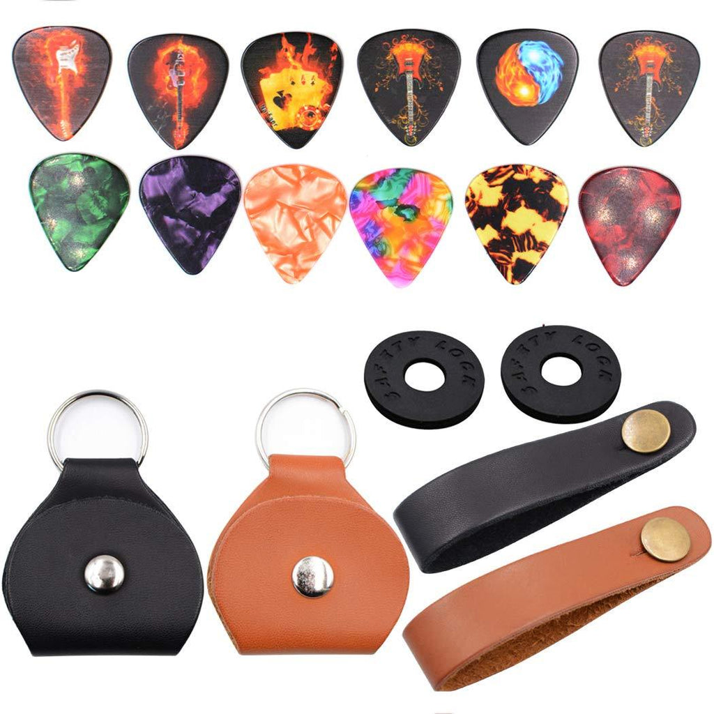 Guitar pick Holder Case Leather Keychain and Guitar picks Guitar Strap Locks (Combination)