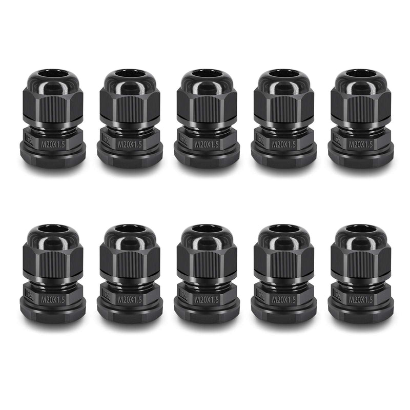 NineLeaf 10 Piece Waterproof Cable Glands Joints Adjustable 6-12mm Cable Connectors,M20x1.5 Black Compression Cable Glands Joints 20mm Diameter Titting Hole Glands, IP66 for Outdoor Use