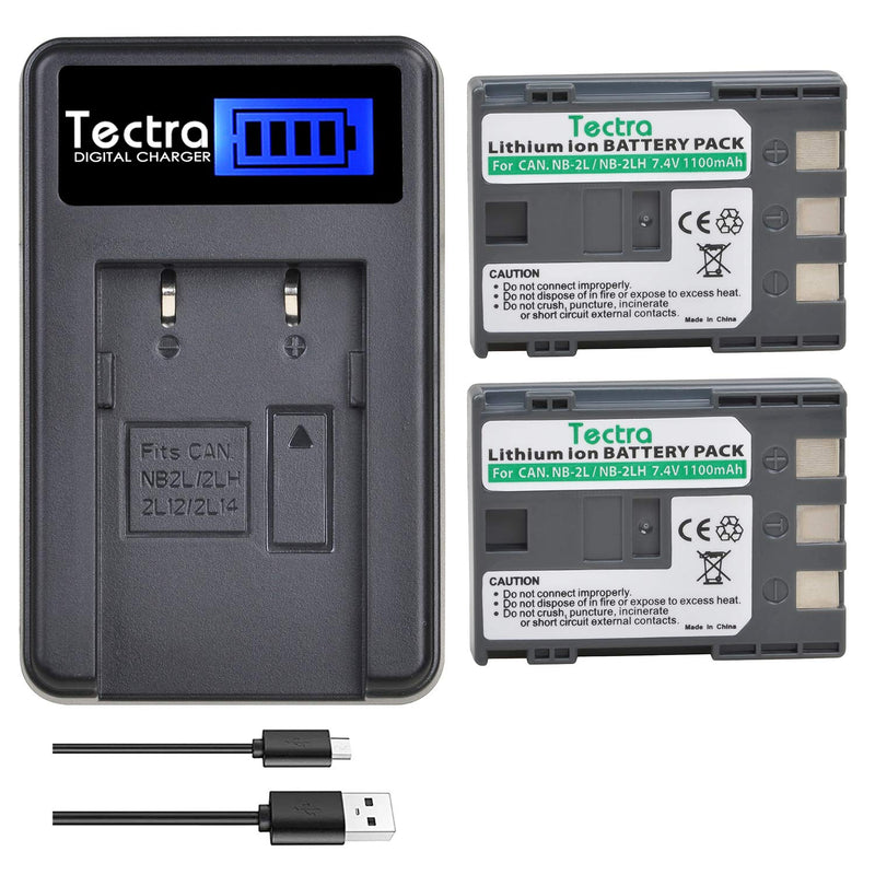 Tectra 2-Pack NB-2L NB-2LH Battery + Rapid LCD Display USB Charger for Canon PowerShot G7 G9 S30 S40 S45 S50 S60 S70 S80 DC410 DC420 VIXIA HF R10 HF R100 HF R11 EOS 350D 400D Digital Rebel XT XTi