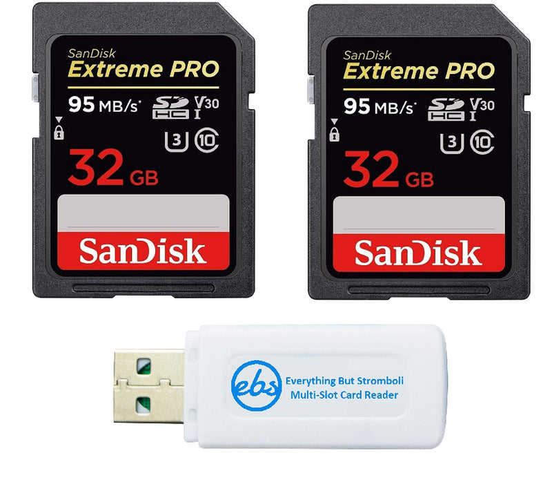 SanDisk 32GB (Two Pack) Extreme Pro Memory Card works with Nikon D3400, D3300, D750, D5500, D5300, D500, AW130, W100, L840 Digital DSLR Camera SDHC 4K V30 UHS-I with Everything But Stromboli Reader 32GB 2 Pack