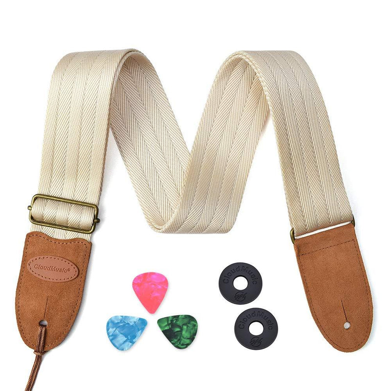 CLOUDMUSIC Guitar Strap Seat Belt Acoustic Electric Bass Guitar Strap With Leather Ends Guitar Picks Free (Apricot) Apricot