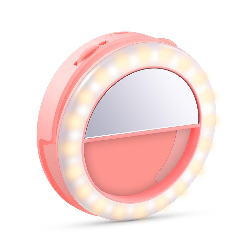 TYCKA Selfie Ring Light, 40 LED Stepless Brightness Control, Independent Dimmable Warm White and Cold White, Clip-on and Rechargeable Design, Ultra-Bright, for iPhone Samsung Sony, Pink