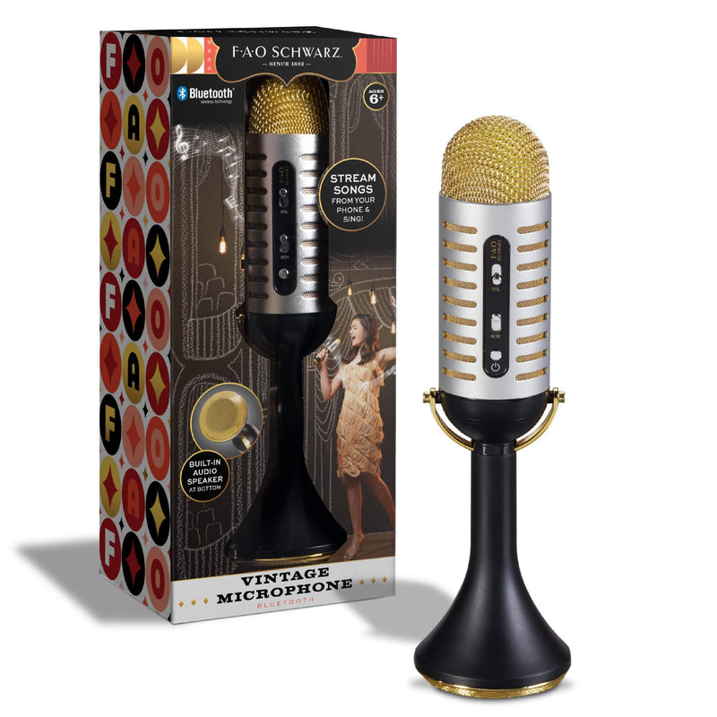 [AUSTRALIA] - FAO Schwarz Karaoke Music Microphone w/Built-in Portable Handheld Speaker for Parties, Bluetooth & Smartphone Compatible, Vintage 20s Ribbon Style, USB, AUX Cable & Headphone Jacks, Rechargeable 