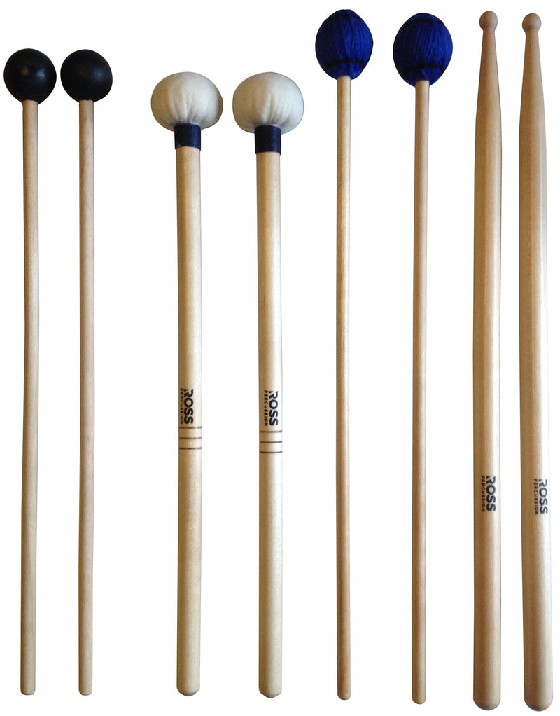 ROSS Percussion Intermediate Drum Mallet Set: General Timpani, SD2 Drumsticks, Medium Vibraphone Mallets, Xylophone Rubber Mallets