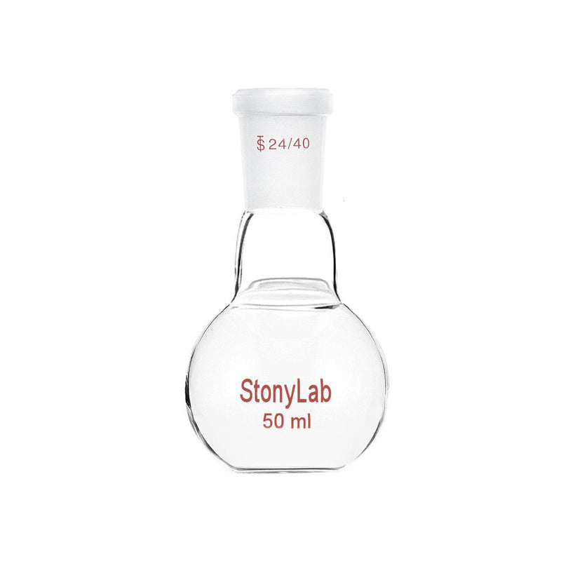 StonyLab Glass 50ml Heavy Wall Single Neck Flat Bottom Boiling Flask, with 24/40 Standard Taper Outer Joint, 50ml 50 mL