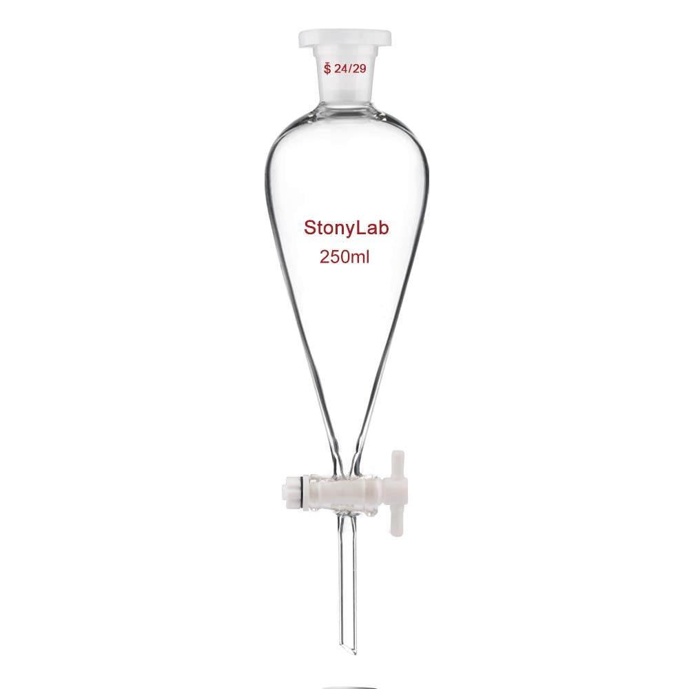 StonyLab Borosilicate Glass 250ml Heavy Wall Conical Separatory Funnel with 24/29 Joints and PTFE Stopcock - 250ml 250 mL