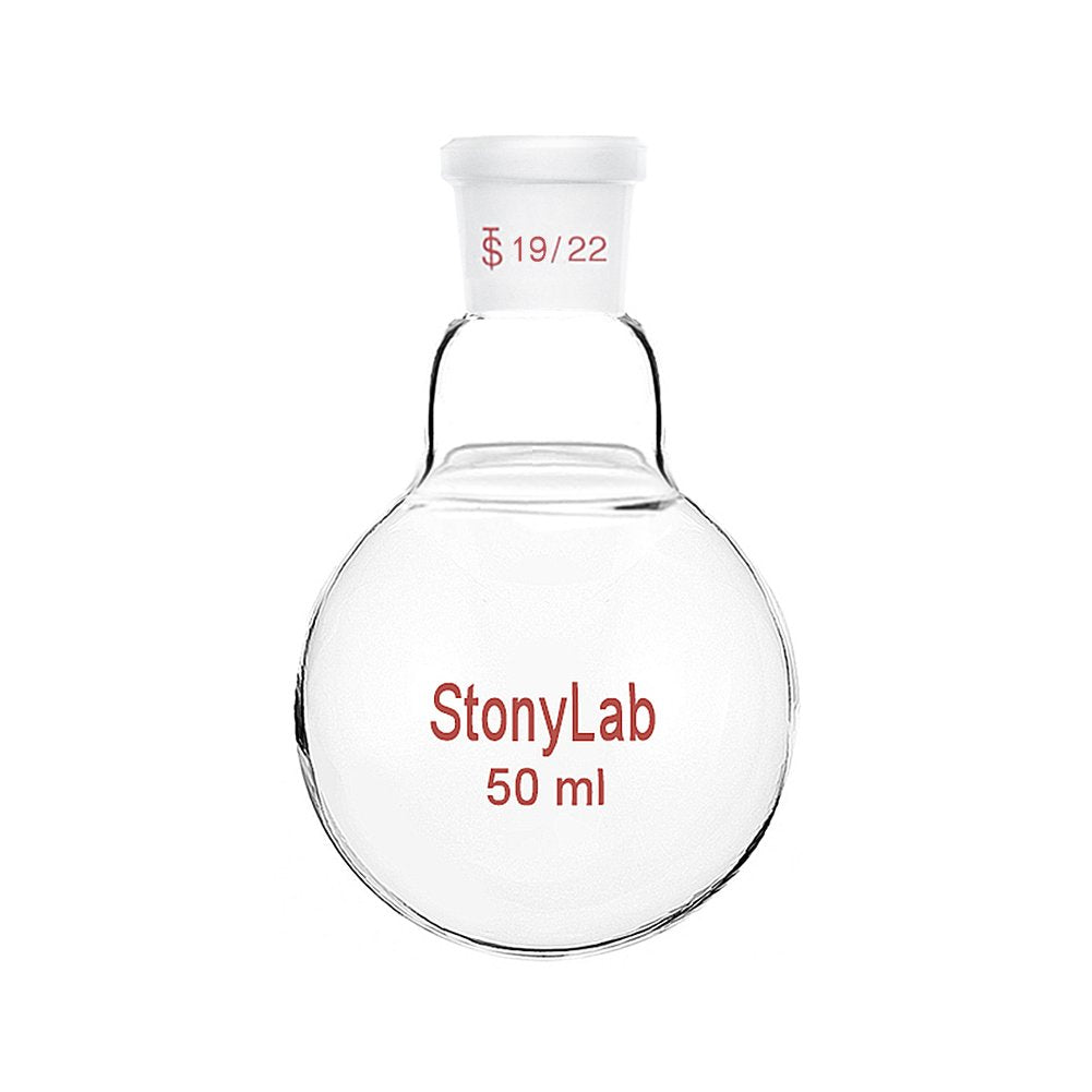 StonyLab Glass 50mL Heavy Wall Single Neck 1 Neck Round Bottom Flask RBF, with 19/22 Standard Taper Outer Joint - 50mL 50 ml