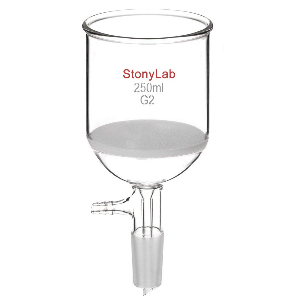 StonyLab Borosilicate Glass Buchner Filtering Funnel 250ml with Medium Frit(G2), 76mm Inner-Diameter, 80mm Depth, with 24/40 Standard Taper Inner Joint and Vacuum Serrated Tubulation (250ml) 250 mL