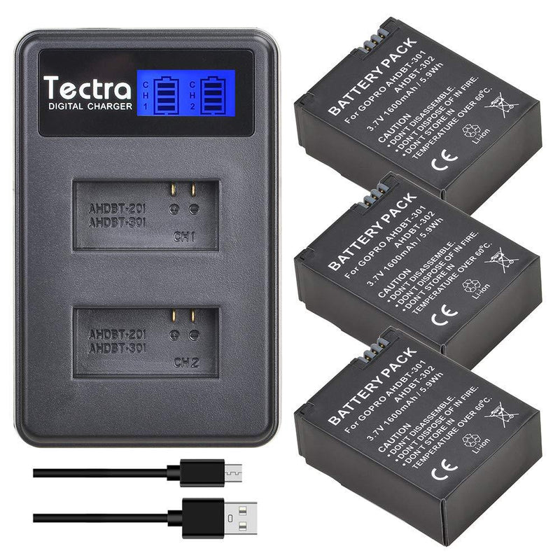 Tectra 3Pcs AHDBT-301 GoPro Hero3 Replacement Battery + LCD Display Dual USB Charger for GoPro Hero 3 Hero 3+ Camera Accessories