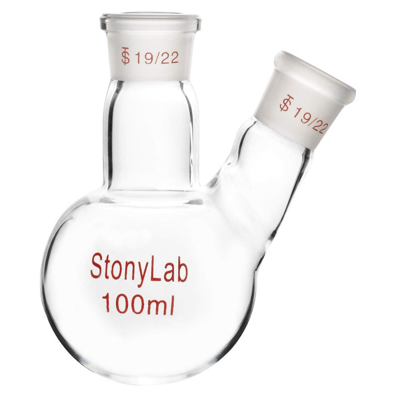 StonyLab Glass 100ml Heavy Wall 2 Neck Round Bottom Flask RBF, with 19/22 Center and Side Standard Taper Outer Joint - 100mL 100 ml