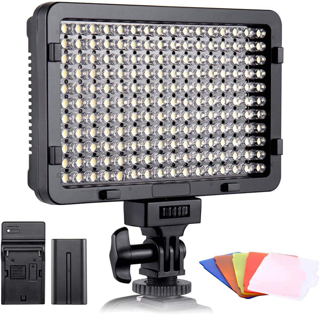 ESDDI LED Video Light, 176 LED Ultra Bright Dimmable CRI 95+ Camera Light with Battery Set and 5 Color Filters for DSLR Cameras Camcorder 176 LEDs with battery