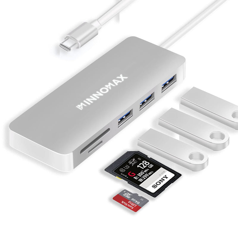 USB C Hub, SD Card Adapter, 6-in-1 USB C Multiport Adapter with 3 Powered USB 3.0 Ports, 5Gbps Speed SD/TF Card Readers for MacBook, MacBook Air, PC/ Laptop, Smart Devices with USB-C, Silver 6-in-1 USB-C Hub: 3 USB/SD/TF/External Power-Silver