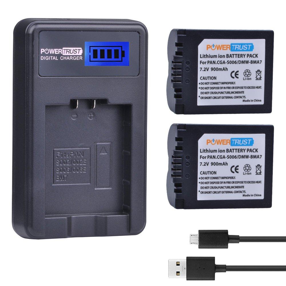 PowerTrust 2 Pack CGA-S006 CGR S006 S006E S006A S006 DMW-BMA7 DMW BMA7 Battery + LCD USB Charger for Panasonic DMC FZ7 FZ8 FZ18 FZ28 FZ30 FZ35