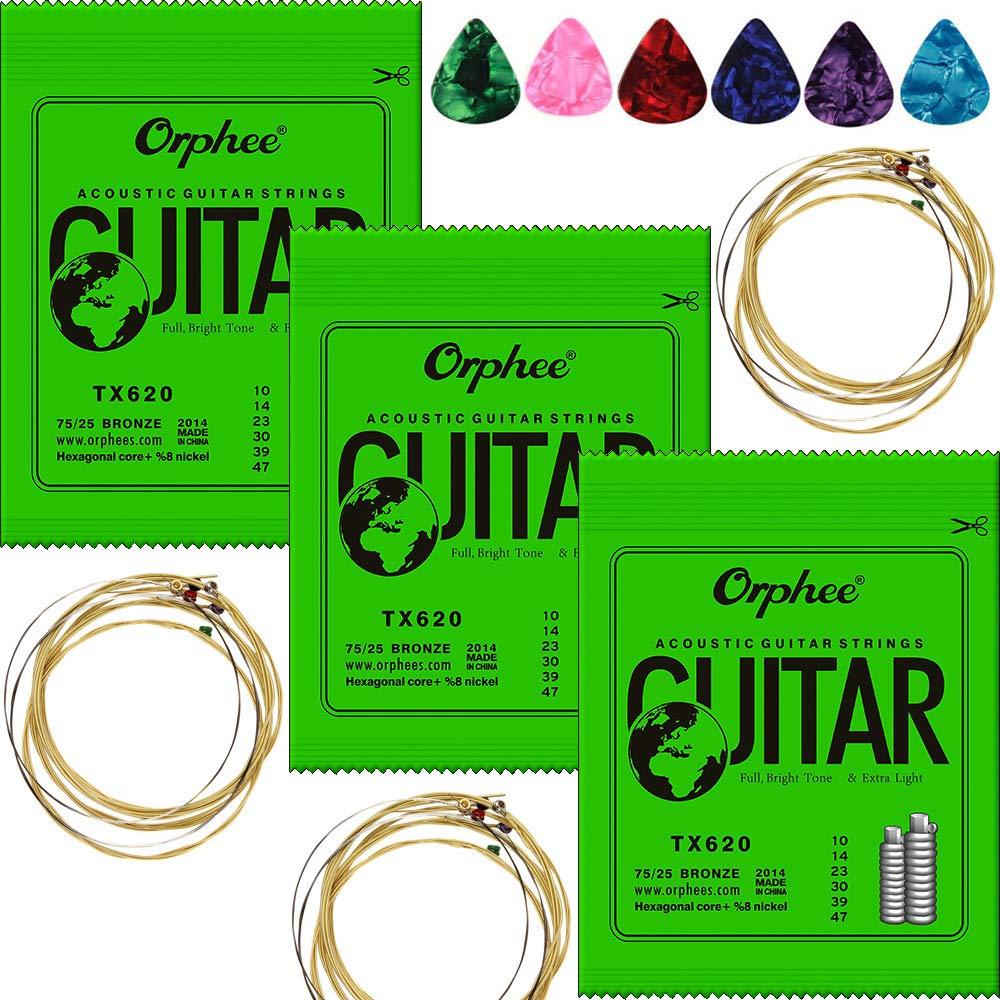 3 Packs Orphee TX620 Colorful Ball-End Phosphor Bronze Acoustic Guitar Strings Extra Light (010-047) ,with 6pcs Celluloid Guitar Picks Medium 0.71mm