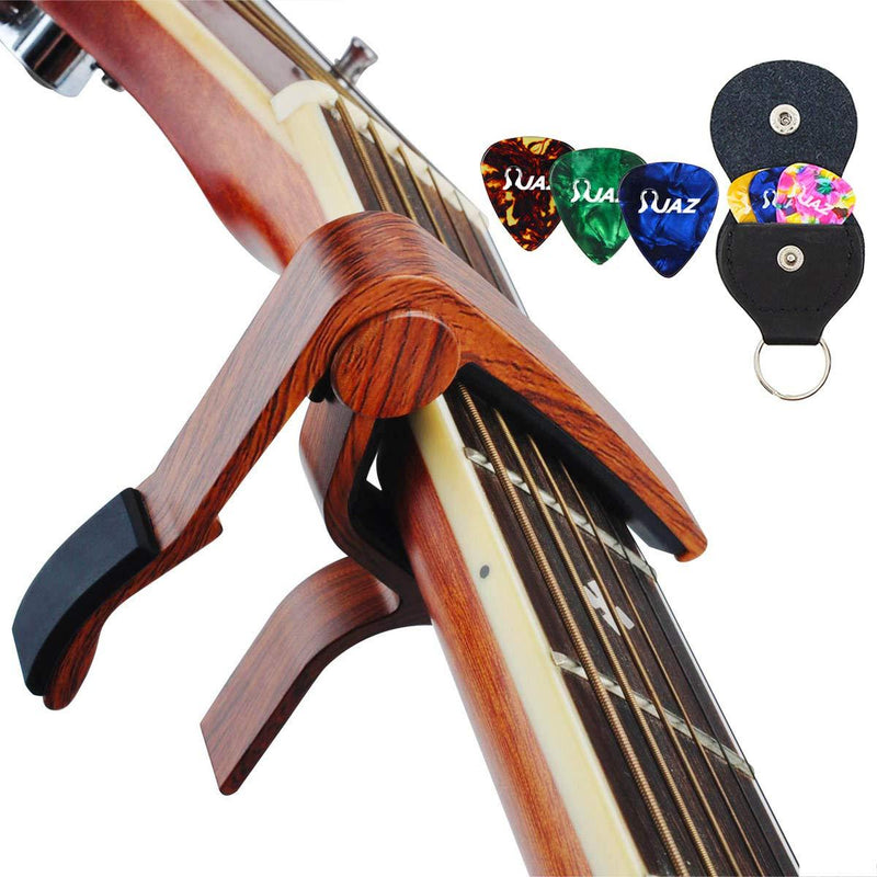 Guitar Picks Guitar Capo Acoustic Guitar Accessories Capo Key Clamp With Free 6 Pcs Guitar Picks and Black Leather Guitar Picks Holder (Wood Color)